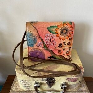 Anuschka Hand-painted Leather Small Tan Wallet Crossbody